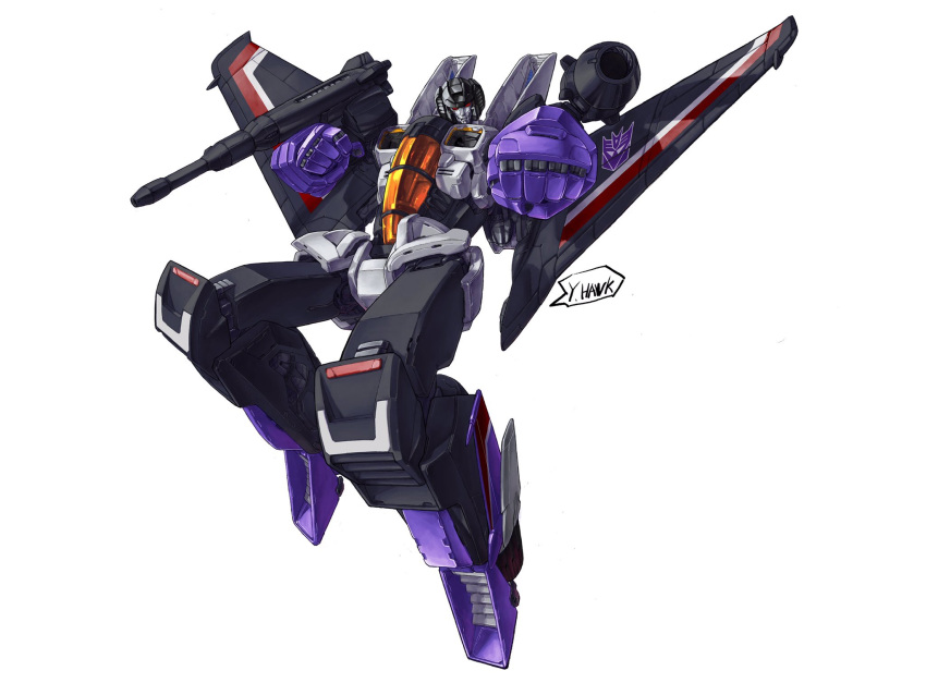 arm_cannon clenched_hands decepticon english_commentary head_tilt highres looking_at_viewer mecha mechanical_wings no_humans science_fiction solo thundercracker transformers weapon white_background wings yinghawk