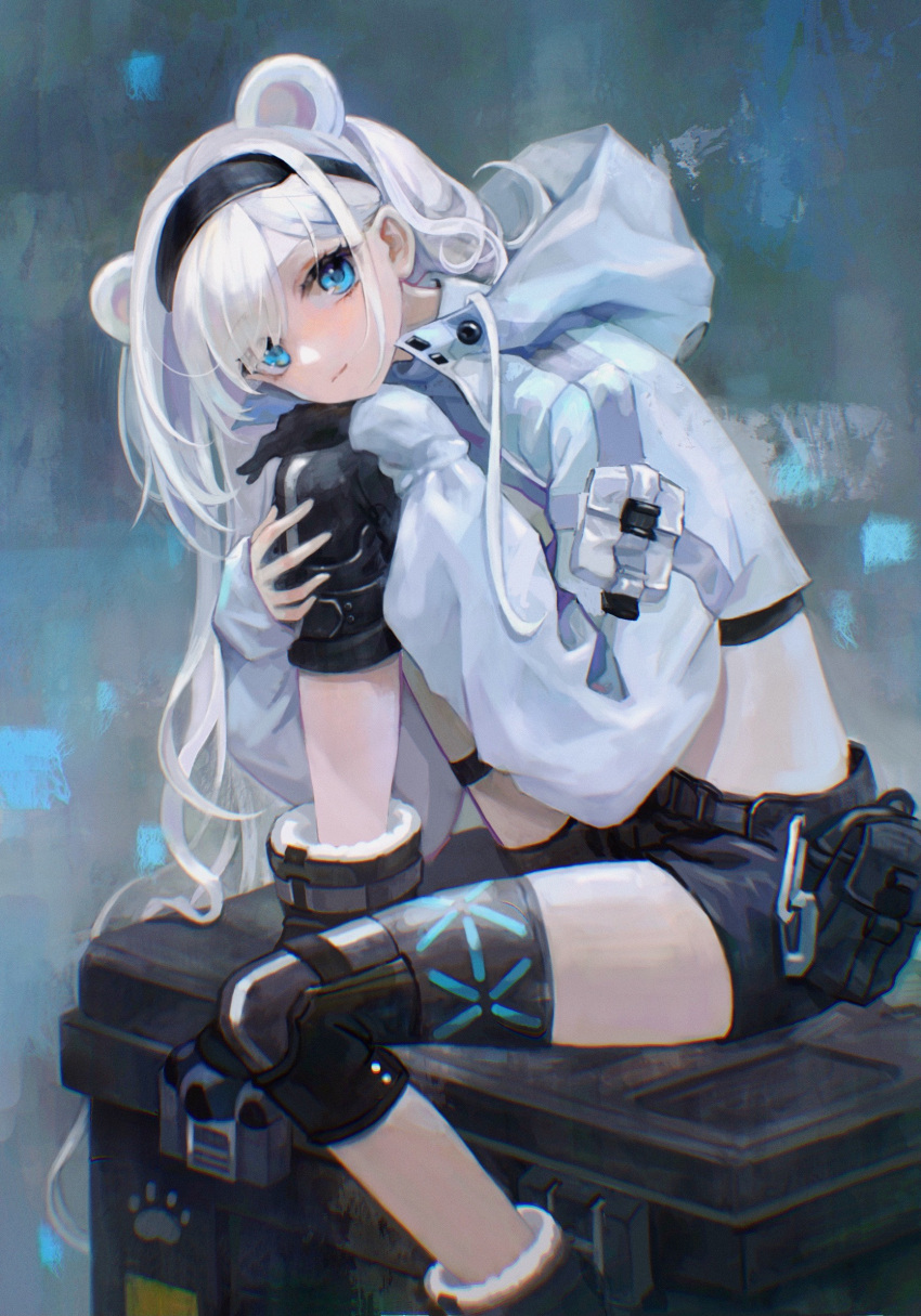 1girl absurdres animal_ears arknights aurora_(arknights) bangs bear_ears black_gloves black_hairband black_shorts blue_eyes commentary_request crop_top cropped_jacket foot_out_of_frame gloves hairband highres hood hooded_jacket infection_monitor_(arknights) jacket knee_pads knee_up long_hair long_sleeves looking_at_viewer midriff nemesis_(jmpn7254) pouch short_shorts shorts silver_hair single_glove sitting solo white_jacket