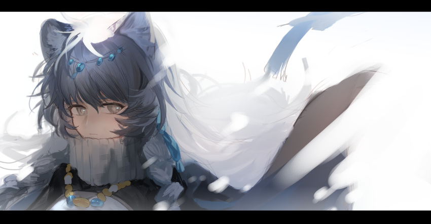 1girl animal_ears arknights bangs bead_necklace beads commentary_request grey_eyes head_chain highres jewelry jitsuasa leopard_ears letterboxed long_hair looking_at_viewer necklace portrait pramanix_(arknights) silver_hair simple_background solo turtleneck white_background