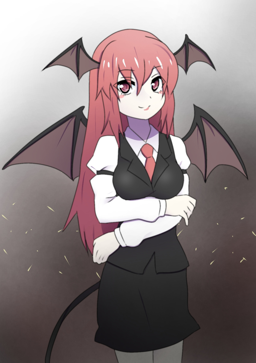 1girl a7size arms_under_breasts bangs bat_wings black_skirt black_vest blush breasts brown_background closed_mouth cowboy_shot demon_tail eyebrows_visible_through_hair gradient gradient_background hair_between_eyes head_wings highres juliet_sleeves koakuma light_particles long_hair long_sleeves looking_at_viewer medium_breasts necktie pink_eyes puffy_sleeves red_necktie redhead simple_background skirt smile solo tail touhou very_long_hair vest wing_collar wings