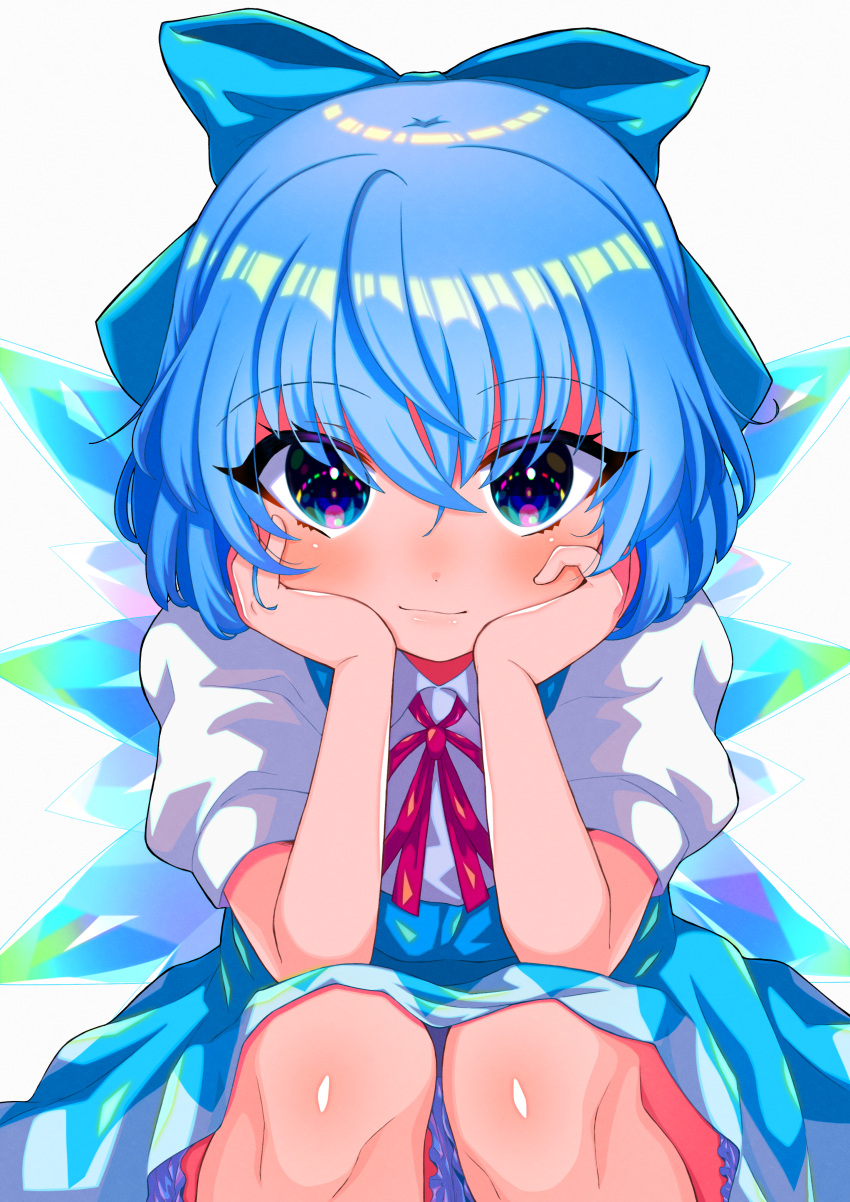 1girl absurdres bangs bloomers blue_bow blue_dress blue_eyes blue_hair blue_plan blush bow cirno closed_mouth crossed_bangs dot_nose dress eyebrows_visible_through_hair face hair_between_eyes hair_bow hands_on_own_face hands_up head_rest highres ice ice_wings knees light_smile looking_at_viewer neck_ribbon puffy_short_sleeves puffy_sleeves red_ribbon ribbon short_sleeves solo squatting touhou underwear wing_collar wings