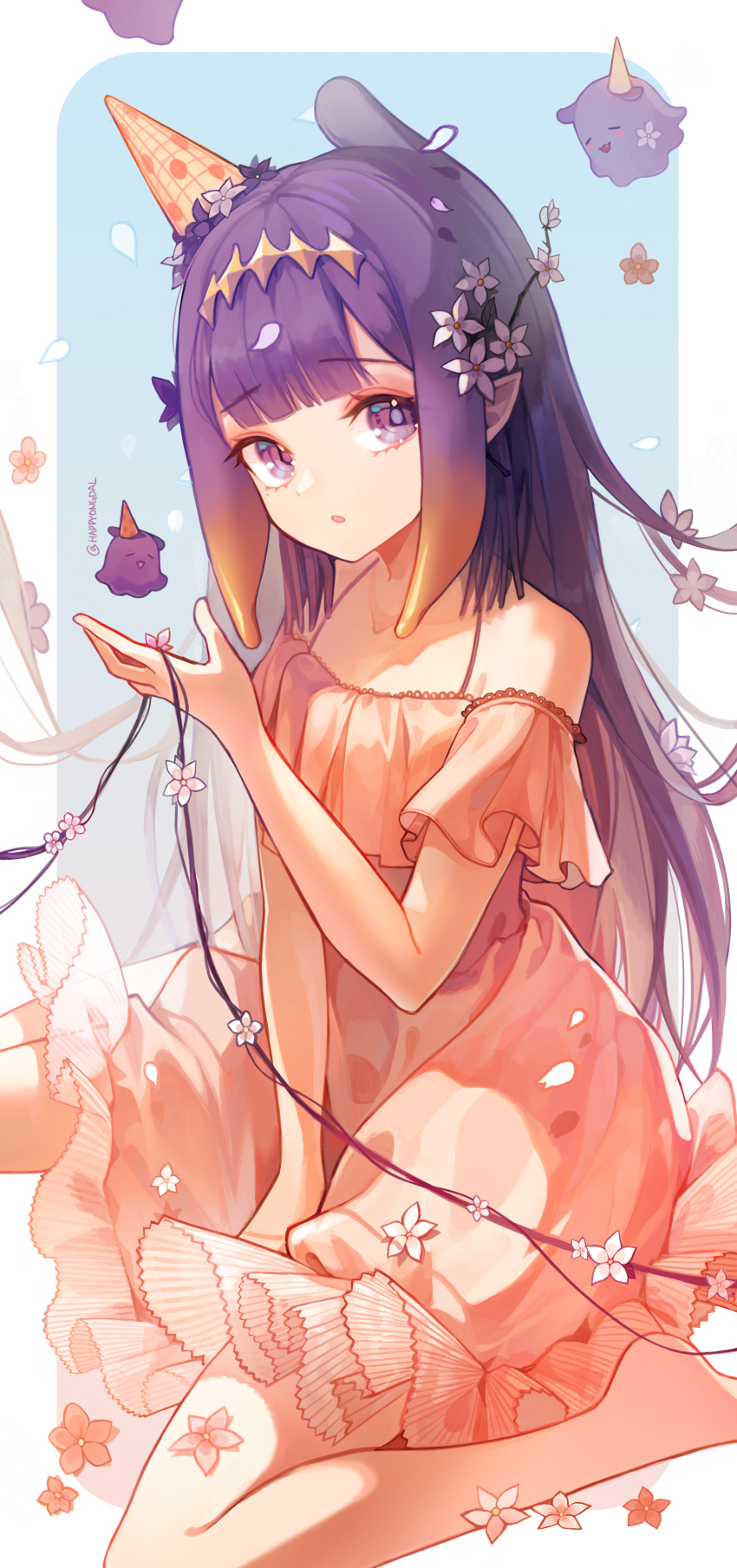 1girl :o absurdres clothing_request eyebrows_visible_through_hair flower hair_flower hair_ornament hair_spread_out happyongdal highres hololive hololive_english mole mole_under_eye ninomae_ina'nis pointy_ears purple_hair symbol-only_commentary tako_(ninomae_ina'nis) tentacle_hair twitter_username violet_eyes virtual_youtuber