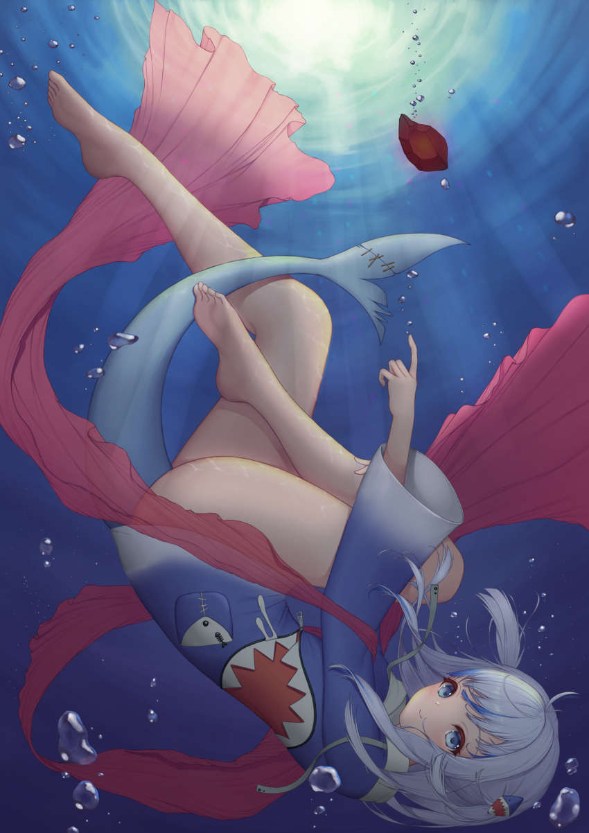 1girl absurdres ahoge baeg_mi bangs bare_legs barefoot blue_eyes blue_hair bottomless bubble closed_mouth commentary_request eyebrows_visible_through_hair feet fish_tail full_body gawr_gura gem highres hololive hololive_english knees_up light_blue_hair long_sleeves looking_at_viewer medium_hair multicolored_hair outdoors pocket shark_girl shark_print shark_tail smile solo streaked_hair tail toes two-tone_background underwater upside-down virtual_youtuber wide_sleeves