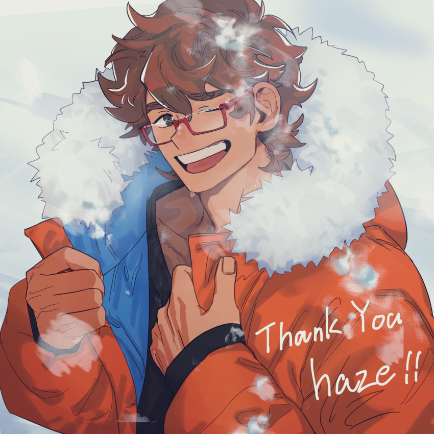 1boy breath brown_hair coat commission glasses highres looking_at_viewer male_focus medium_hair one_eye_closed open_clothes open_coat orange_coat original red-framed_eyewear skeb_commission smile snow solo sweat takayakaiti_(tk049ccn) thick_eyebrows thumbs_up upper_body winter_clothes