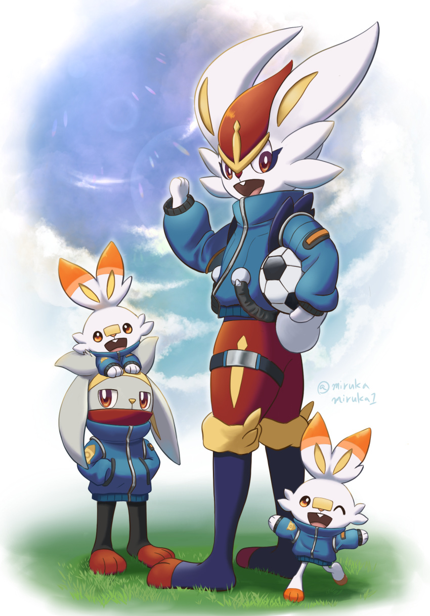 :d ball brown_eyes cinderace clothed_pokemon clouds commentary_request day evolutionary_line grass hand_up happy highres jacket mirukya on_head open_mouth outdoors pokemon pokemon_(creature) pokemon_on_head raboot scorbunny sky smile soccer_ball standing thigh_strap tongue