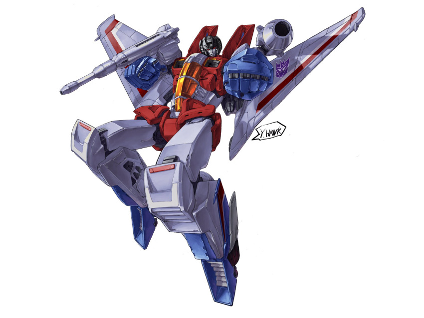 arm_cannon clenched_hands decepticon english_commentary head_tilt highres looking_at_viewer mecha mechanical_wings no_humans science_fiction solo starscream transformers weapon white_background wings yinghawk