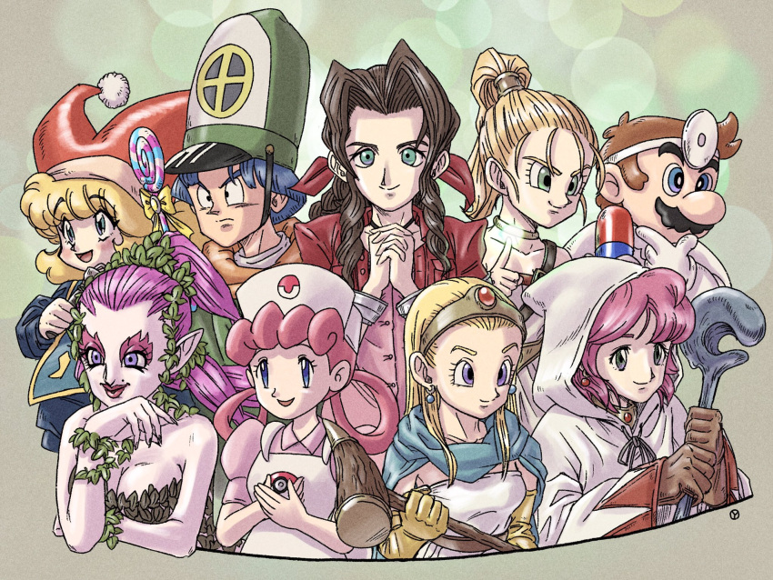 2boys aerith_gainsborough bare_shoulders blonde_hair blue_eyes breasts brown_hair character_request charlotte_(seiken_densetsu_3) chin_stroking chrono_trigger clift closed_mouth copyright_request crossover dr._mario dr._mario_(game) dragon_quest dragon_quest_iii dragon_quest_iv earrings facial_hair final_fantasy final_fantasy_vii gloves great_fairy_(zelda) green_eyes hat highres holding holding_poke_ball hood hood_up jester_cap jewelry joy_(pokemon) long_hair looking_at_viewer marle_(chrono_trigger) medium_hair multiple_boys multiple_crossover multiple_girls mustache nurse nurse_cap own_hands_clasped own_hands_together pink_hair poke_ball poke_ball_(basic) pokemon pokemon_(anime) ponytail red_headwear seiken_densetsu seiken_densetsu_3 short_hair smile super_mario_bros. the_legend_of_zelda trait_connection white_gloves white_headwear white_mage yuto_sakurai