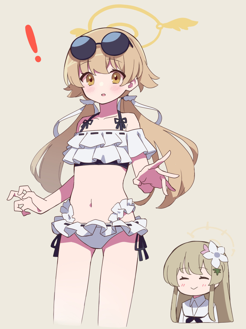! 2girls :&gt; ^_^ absurdres bare_legs bikini black_neckerchief blue_archive blush chibi chibi_inset closed_eyes eyebrows_visible_through_hair eyewear_on_head feet_out_of_frame flower frilled_bikini frills hair_flower hair_ornament halo hifumi_(blue_archive) highres light_brown_hair long_hair looking_at_viewer low_twintails midriff multiple_girls nagisa_(blue_archive) neckerchief off-shoulder_bikini off_shoulder official_alternate_costume parted_lips ribbon-trimmed_bikini round_eyewear sailor_collar side-tie_bikini simple_background solo_focus sunglasses swimsuit twintails uhouhogorigori white_bikini white_sailor_collar yellow_eyes