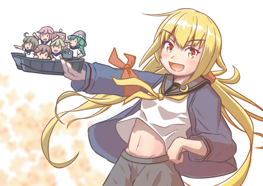 6+girls aaoi armband black_jacket black_skirt blonde_hair commentary_request cowboy_shot fairy_(kancolle) highres holding jacket kantai_collection long_hair low_twintails multiple_girls navel neckerchief one-hour_drawing_challenge satsuki_(kancolle) satsuki_kai_ni_(kancolle) skirt twintails yellow_eyes yellow_neckerchief