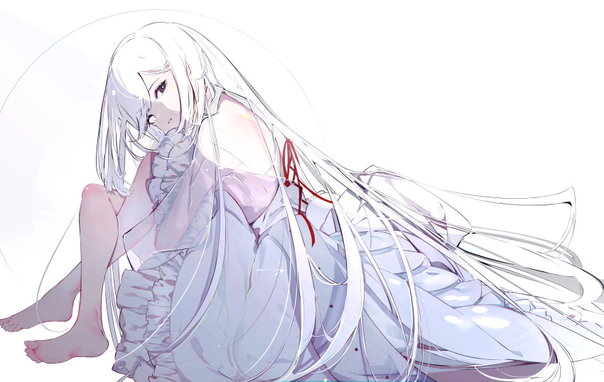 1girl absurdres barefoot crossed_legs dress feet full_body highres long_hair looking_at_viewer maimuro original simple_background sitting soles solo white_background white_dress white_hair white_theme