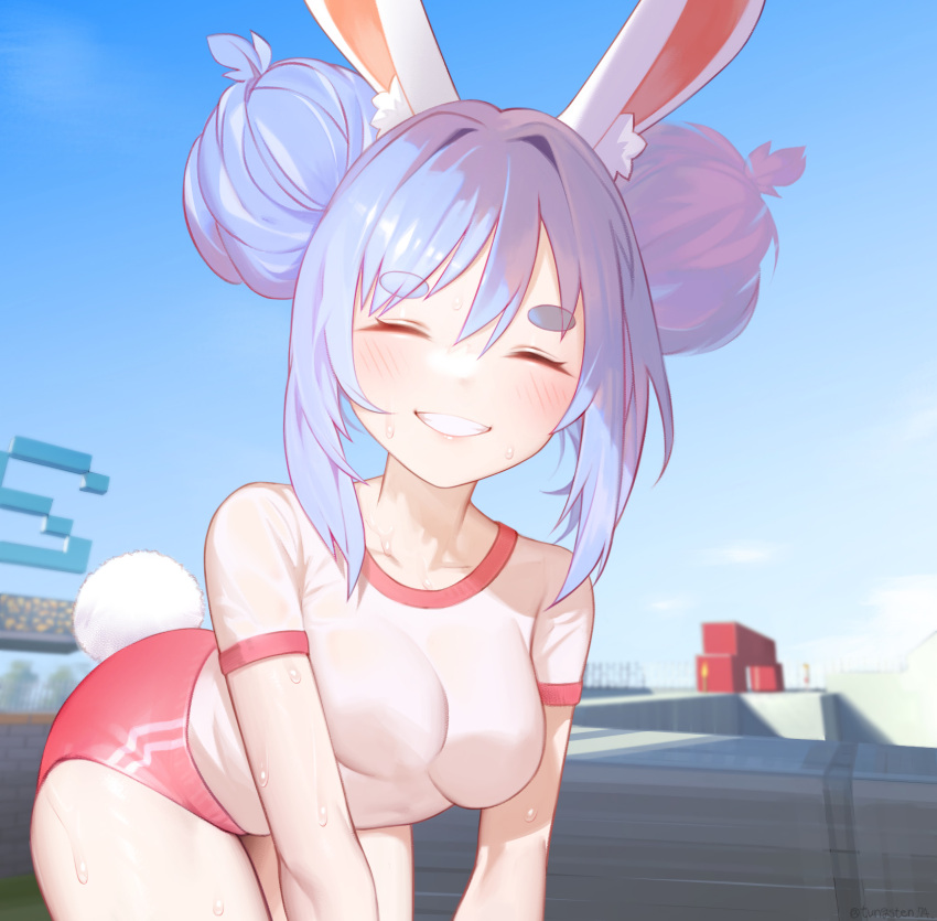 1girl blue_sky blush breasts bunny_ears bunny_tail closed_eyes cloud gym_uniform hololive minecraft short_shorts shoulder_blades smile sportswear sweat teeth thighs usada_pekora virtual_youtuber wet_shirt white_shirt