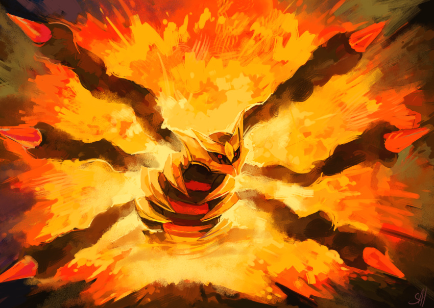 black_sclera colored_sclera commentary explosion fire giratina giratina_(origin) highres looking_down no_humans pokemon pokemon_(creature) red_eyes salanchu solo spikes