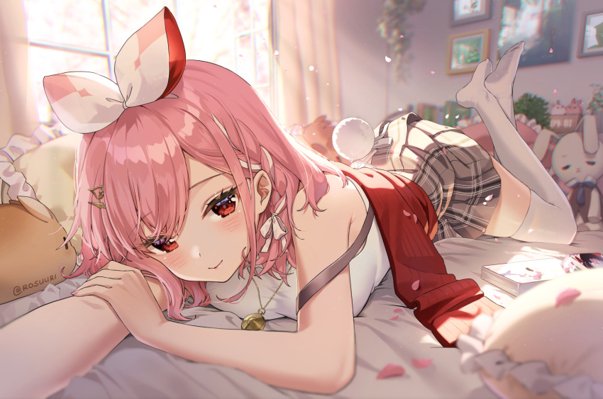 1girl artist_name atelier_live bangs bare_shoulders bed_sheet blush book bow braid closed_mouth commentary_request eyebrows_visible_through_hair fake_tail feet_up grey_skirt hair_bow hair_ornament hair_ribbon hairclip highres indoors jewelry long_hair lying necklace on_bed on_stomach pillow pink_hair pinku_(vtuber) plaid plaid_skirt rabbit_tail red_eyes ribbon rosuuri shirt side_braid skirt sleeveless sleeveless_shirt smile solo stuffed_animal stuffed_bunny stuffed_toy swept_bangs tail thigh-highs twitter_username virtual_youtuber white_bow white_legwear white_ribbon white_shirt window