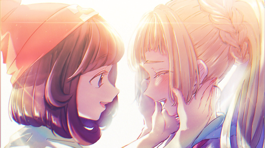 2girls :d bangs beanie blonde_hair blue_sailor_collar blush braid closed_eyes commentary_request eyelashes from_side hands_up happy hat high_ponytail highres lillie_(pokemon) looking_at_another multiple_girls myuuu_ay open_mouth pokemon pokemon_(game) pokemon_sm red_headwear sailor_collar selene_(pokemon) shirt smile teeth tongue upper_body upper_teeth white_background white_shirt yellow_shirt