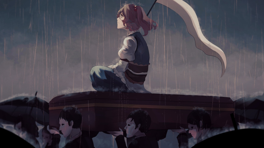 1girl bangs black_hair black_umbrella closed_mouth clouds coffin crowd english_commentary full_body funeral highres holding holding_scythe juliet_sleeves long_sleeves naufaldreamer obi onozuka_komachi outdoors puffy_sleeves rain red_eyes redhead sash scythe short_hair sitting solo_focus touhou two_side_up umbrella