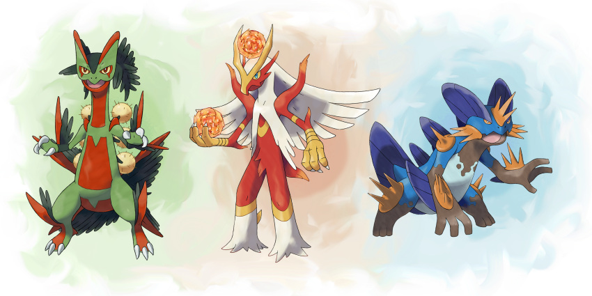 beak bird_tail blaziken blue_eyes body_fur claws closed_mouth colored_sclera commentary english_commentary fakemon fire fireball full_body furry hand_up highres hyshirey long_hair mega_pokemon mud official_style open_mouth orange_sclera pokemon pokemon_(creature) red_eyes red_fur sceptile standing swampert tail white_eyes white_fur white_hair yellow_fur yellow_sclera