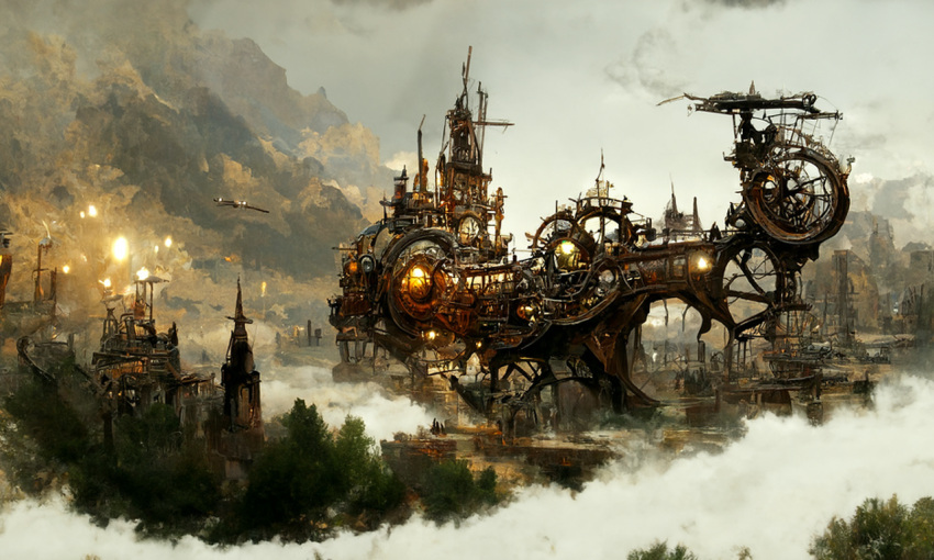 aircraft airplane architecture chimney chinese_commentary commentary_request dirty doublecats fantasy fire grey_sky light original outdoors retro_artstyle scenery science_fiction smoke soot steam steampunk tree