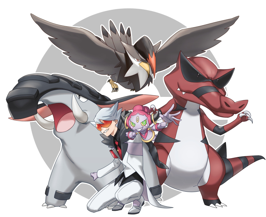 1boy bangs black_shirt coat commentary_request donphan fur-trimmed_coat fur_trim gloves grin highres hoopa hoopa_(confined) krookodile lear_(pokemon) long_sleeves male_focus necktie one_knee outstretched_arm pants pokemon pokemon_(creature) pokemon_(game) pokemon_masters_ex purple_gloves red-tinted_eyewear red_necktie shirt shoes smile spiky_hair staraptor sunglasses teeth tinted_eyewear white_coat white_footwear white_pants yuusya27