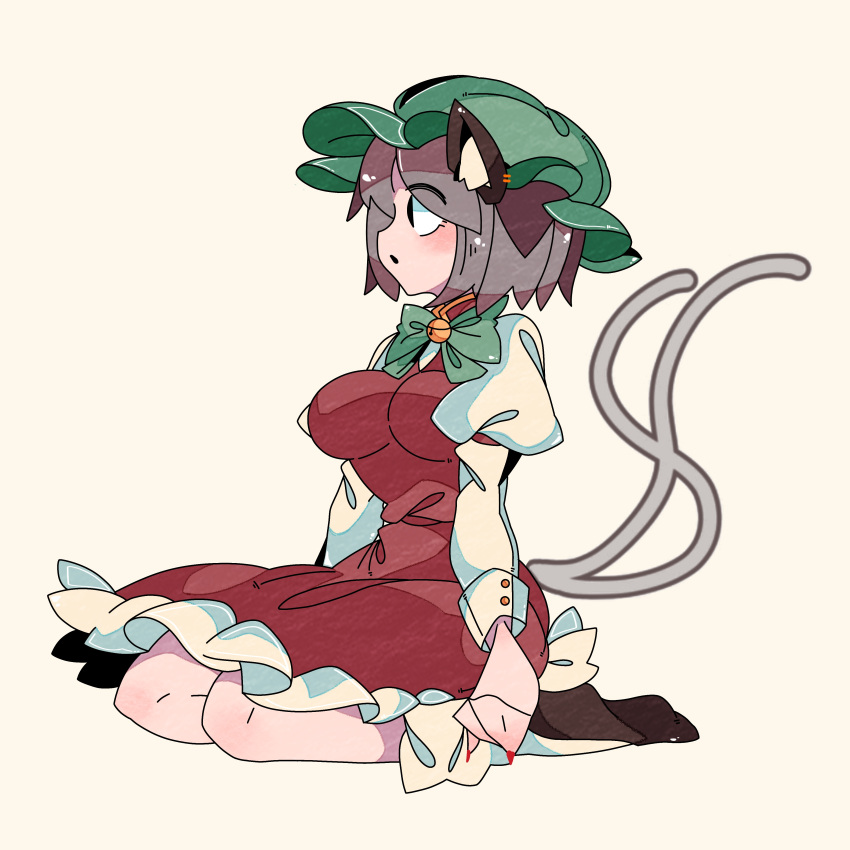 1girl :o absurdres animal_ears bangs bell black_eyes blush bow bowtie breasts brown_hair brown_legwear cat_ears cat_tail chen commentary dress earrings frilled_dress frills from_side full_body green_bow green_bowtie green_headwear hat highres impossible_clothes jewelry juliet_sleeves large_breasts long_sleeves looking_afar looking_ahead mob_cap multiple_tails neck_bell nekomata one-hour_drawing_challenge profile puffy_sleeves r.h_no.1_fuyumomo red_dress seiza shiny shiny_hair short_hair simple_background single_earring sitting socks solo tail touhou two_tails white_background