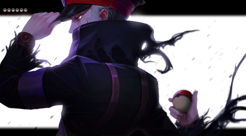 1boy black_coat black_headwear blurry coat commentary_request from_side grey_eyes half-closed_eyes hand_on_headwear hat high_collar highres holding holding_poke_ball hwiryang ingo_(pokemon) looking_back male_focus peaked_cap poke_ball poke_ball_symbol pokemon pokemon_(game) pokemon_legends:_arceus short_hair solo torn_clothes torn_coat trench_coat