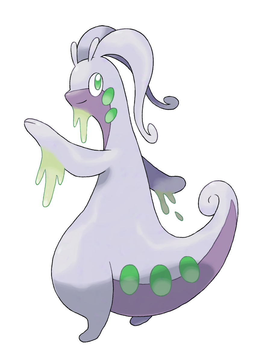 absurdres arm_up closed_mouth commentary dragon english_commentary from_behind full_body goodra green_eyes happy highres hyshirey looking_back pokemon pokemon_(creature) slime_(substance) smile solo standing transparent_background