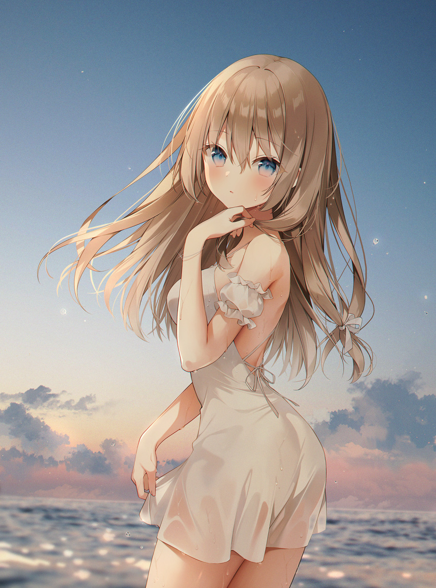 1girl ass bare_shoulders blue_eyes blush brown_hair clouds dress dusk from_behind hand_on_own_face hand_to_own_mouth highres long_hair looking_at_viewer looking_back ocean original outdoors see-through short_dress sky solo strapless strapless_dress sundress thighs wading water weri wet wet_clothes wet_dress white_dress