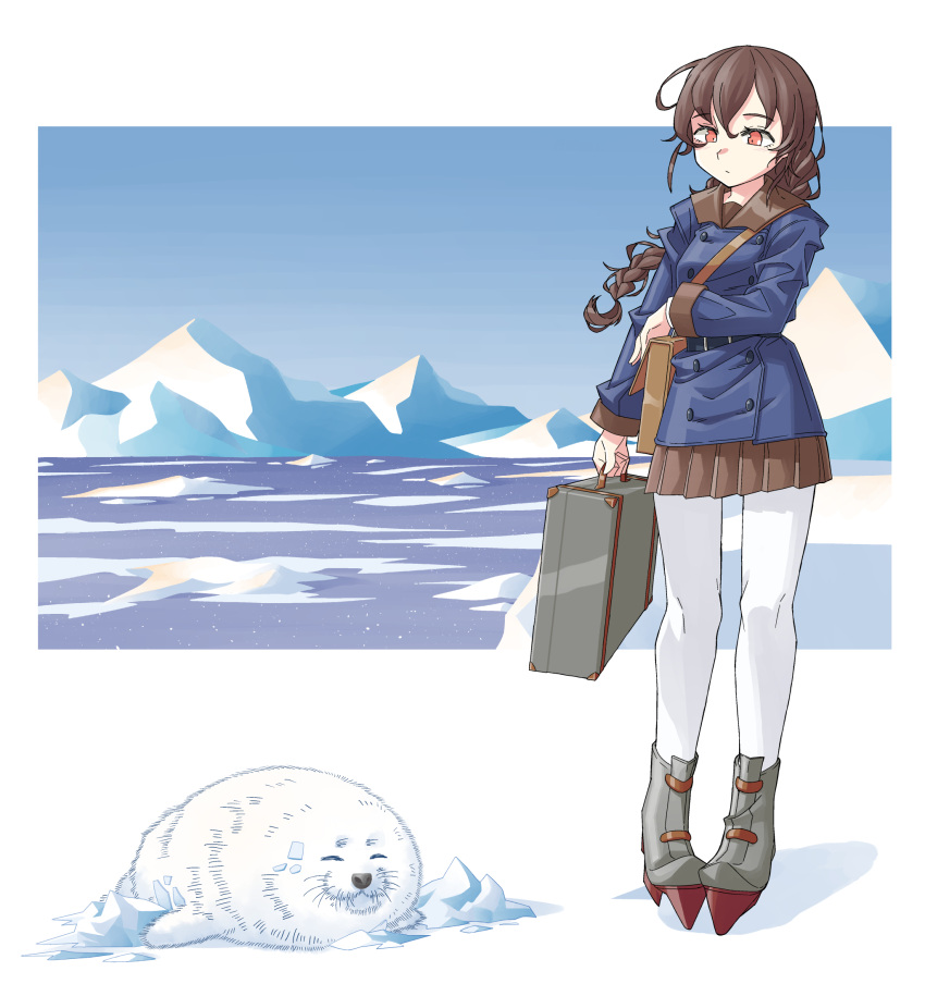1girl animal bag bangs blue_jacket boots braid brown_hair brown_skirt buttons closed_eyes closed_mouth day double-breasted glacier highres holding ice jacket kantai_collection long_hair long_sleeves ndkazh orange_eyes outdoors pantyhose pleated_skirt rudder_footwear seal_(animal) single_braid skirt souya_(kancolle) standing suitcase water whiskers white_legwear