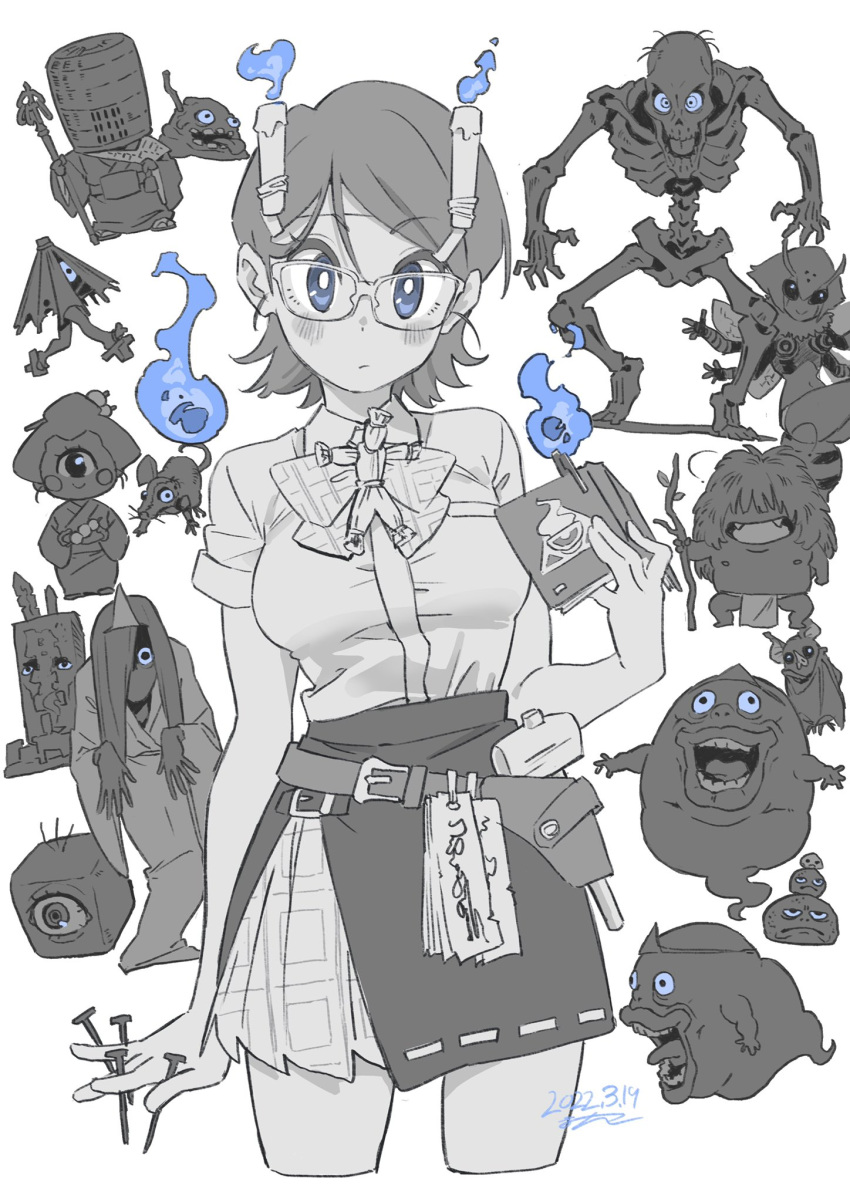 1girl blue_eyes book breasts candle closed_mouth expressionless eyebrows_visible_through_hair ghost glasses highres holding holding_book looking_at_viewer medium_breasts ontama original school_uniform short_hair short_sleeves skeleton skirt spot_color