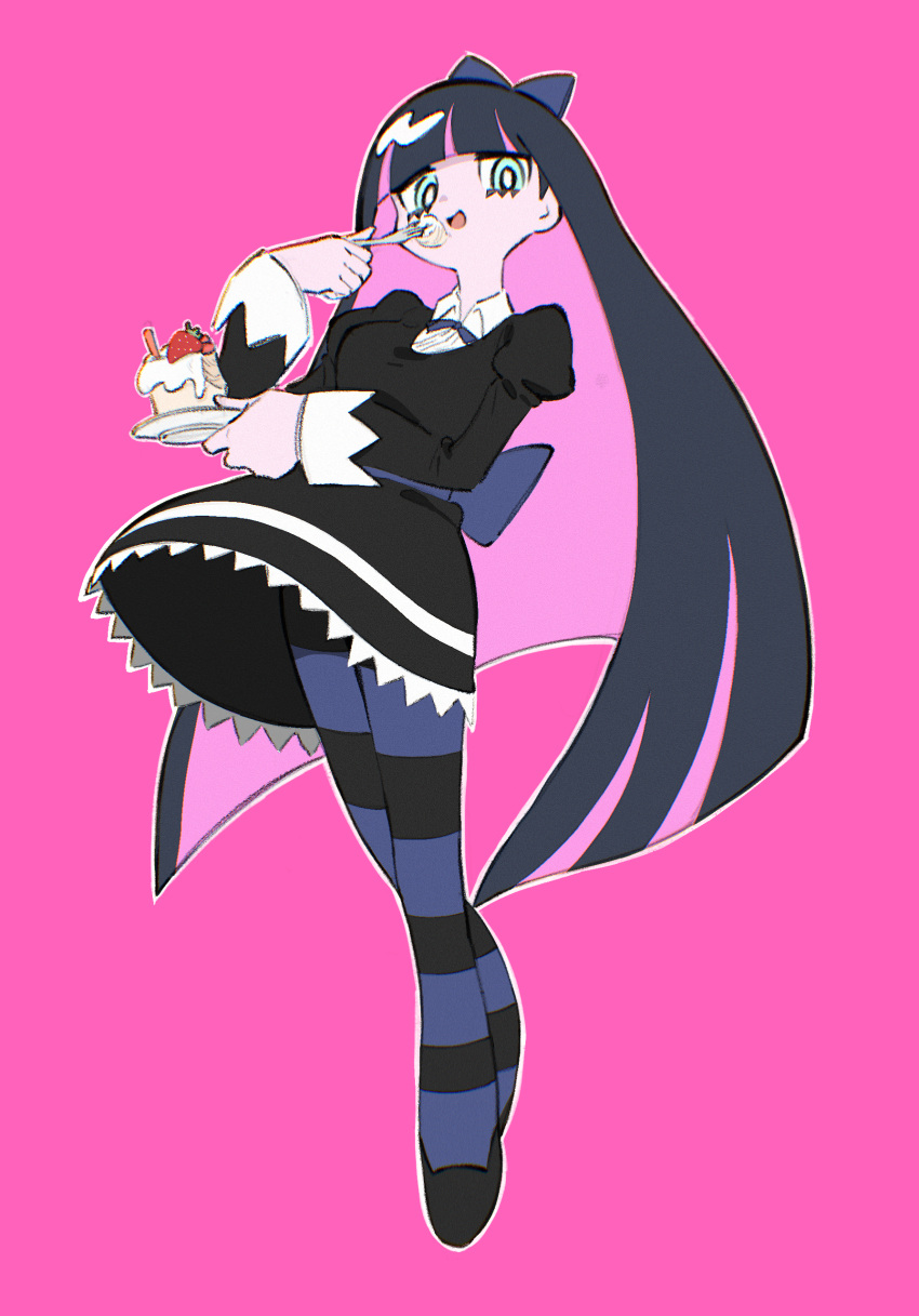 1girl :d absurdres aqua_eyes bangs black_dress black_hair blue_bow blunt_bangs bow breasts cake colored_inner_hair dress eating food fork fruit full_body hair_bow highres holding holding_fork holding_plate juliet_sleeves kona_ming long_hair long_sleeves medium_breasts multicolored_hair open_mouth outline panty_&amp;_stocking_with_garterbelt pantyhose pink_background pink_hair plate puffy_sleeves simple_background smile solo stocking_(psg) strawberry striped striped_legwear two-tone_hair white_outline