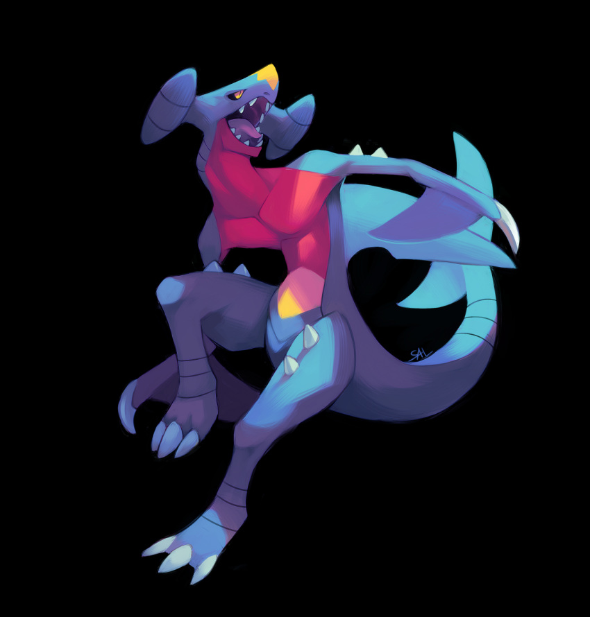 black_background claws commentary creature full_body garchomp highres no_humans pokemon pokemon_(creature) salanchu sharp_teeth signature simple_background solo teeth