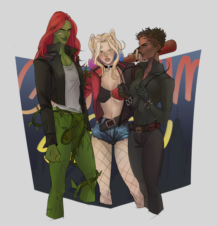 3girls absurdres baseball_bat batman_(series) catsuit catwoman colored_skin dark-skinned_female dark_skin dc_comics fishnets green_skin harley_quinn highres mashe_(marceline2174) multiple_girls poison_ivy redhead selina_kyle short_hair shorts twintails whip