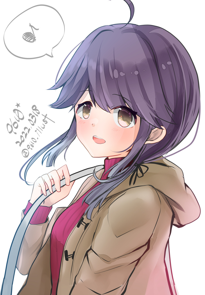 1girl absurdres ahoge artist_name brown_coat coat commentary_request dated eighth_note eiji_(monochromexd) hair_over_shoulder hayanami_(kancolle) highres kantai_collection long_hair looking_at_viewer musical_note official_alternate_costume one-hour_drawing_challenge pink_sweater purple_hair sidelocks simple_background solo spoken_musical_note sweater upper_body white_background