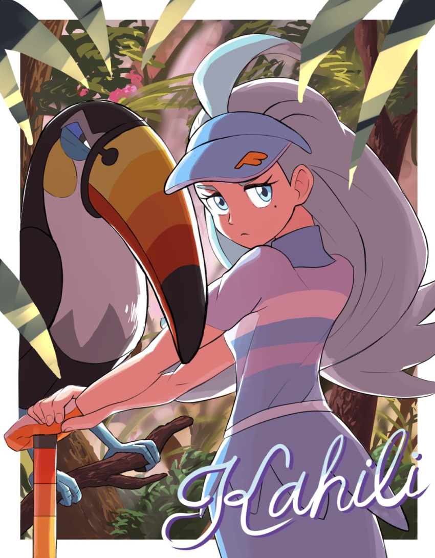 1girl ahoge bird border branch breasts character_name closed_mouth commentary_request frown golf_club highres holding holding_golf_club kahili_(pokemon) keina_(ke1na_h) long_hair mole mole_under_eye outside_border pokemon pokemon_(creature) pokemon_(game) pokemon_sm shirt short_sleeves skirt toucannon visor_cap white_border
