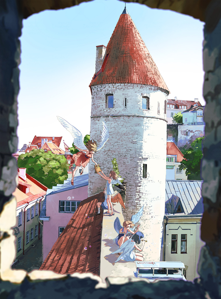 5girls angel angel_wings blue_sky castle commentary_request day feathered_wings flying giving highres multiple_girls no_humans original pov rooftop scenery sky symbol-only_commentary tower town umishima_senbon wings