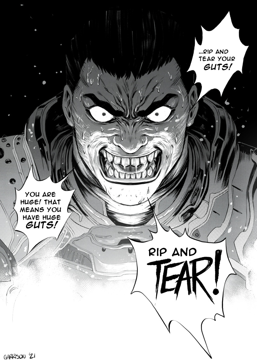 ! 1boy armor artist_name constricted_pupils decomposedtaco doom_(series) doom_eternal doomguy english_commentary english_text highres looking_at_viewer miura_kentarou_(style) monochrome no_headwear no_helmet open_mouth parody praetor_suit saliva shouting simple_background solo speech_bubble style_parody sweat sweating_profusely tongue upper_body v-shaped_eyebrows wrinkled_skin