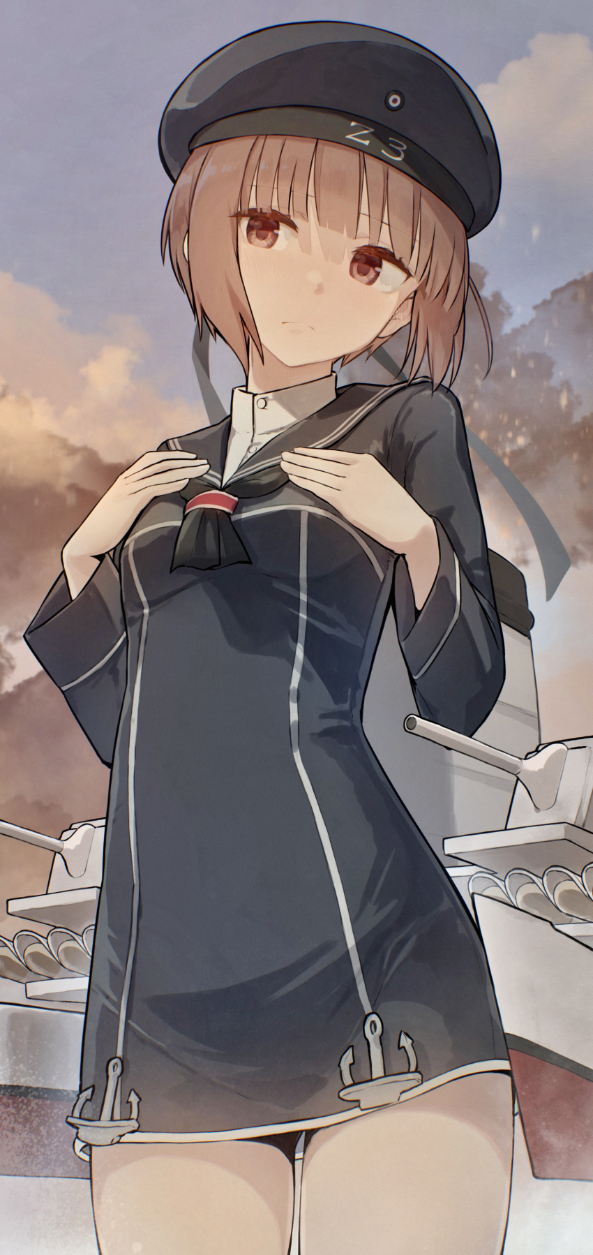 1girl absurdres banned_artist black_dress black_headwear black_sailor_collar blush breasts brown_eyes closed_mouth clothes_writing cowboy_shot dress hat highres kantai_collection long_sleeves machinery redhead rigging sailor_collar sailor_dress sailor_hat short_hair small_breasts smokestack solo turret yopan_danshaku z3_max_schultz_(kancolle)