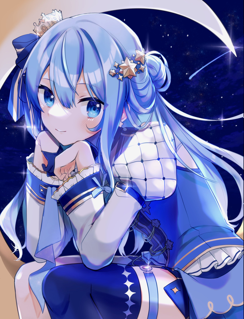 1girl absurdres bangs blue_eyes blue_hair blush comet crescent_moon crown eyebrows_visible_through_hair hair_ornament hair_ribbon highres hololive hoshimachi_suisei idol juliet_sleeves long_hair long_sleeves looking_at_viewer mini_crown moon on_crescent puffy_sleeves ribbon shinomiya_shino_(sinosino141) single_thighhigh sky smile solo star_(sky) star_(symbol) star_hair_ornament star_in_eye starry_background starry_sky symbol-only_commentary symbol_in_eye thigh-highs thigh_strap virtual_youtuber