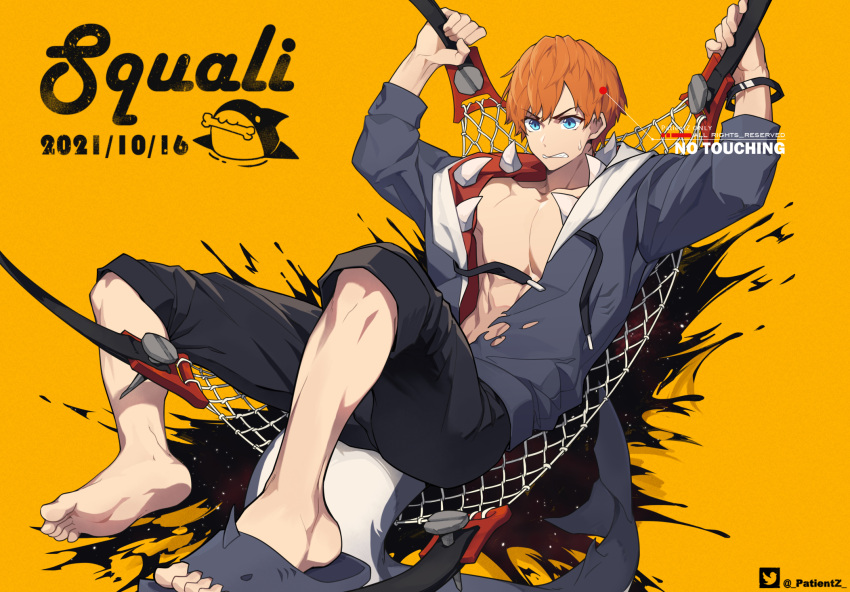 &gt;:( 1boy aqua_eyes black_shorts bracelet clenched_hand clenched_teeth dated english_text feet hammock highres jacket jewelry lying male_focus orange_eyes original patient_zero sandals shorts solo sweat teeth torn_clothes twitter_username v-shaped_eyebrows yellow_background