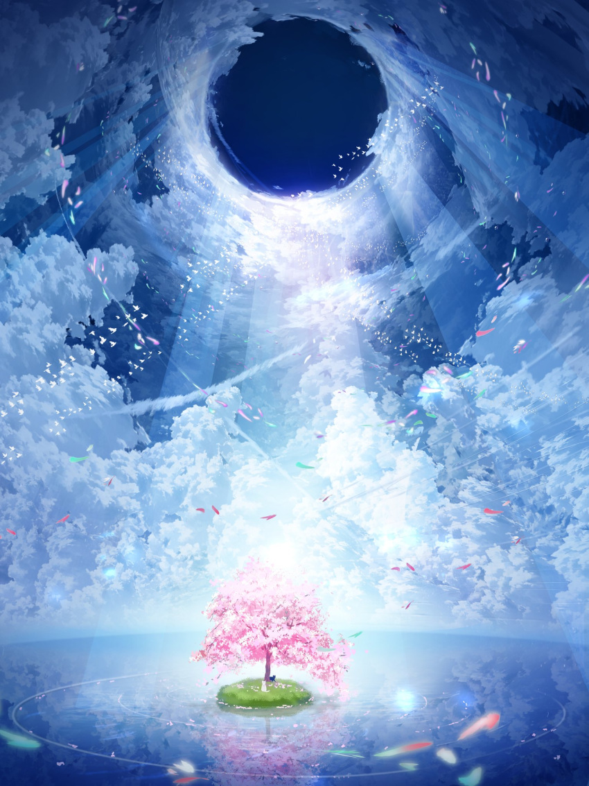 blue_sky cherry_blossoms clouds cloudy_sky commentary_request day highres horizon island makoron117117 no_humans ocean original outdoors scenery sky sunlight tree water