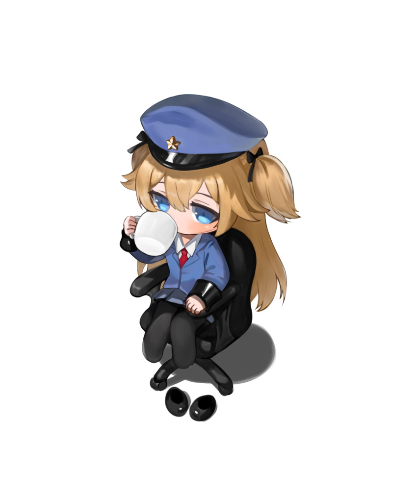 1girl bangs black_footwear black_legwear blonde_hair blue_eyes blue_headwear blue_jacket blue_skirt blush chair chibi collared_shirt commentary cup dokomon eyebrows_behind_hair from_above girls_frontline hair_between_eyes hat highres holding holding_cup jacket long_hair long_sleeves looking_away mug necktie office_chair on_chair pantyhose peaked_cap pleated_skirt red_necktie shadow shirt shoe_removed shoes sitting skirt sleeves_past_wrists solo super-shorty_(girls'_frontline) symbol-only_commentary two_side_up very_long_hair white_background white_shirt