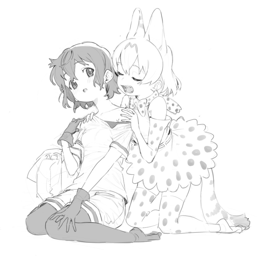 2girls :o animal_ear_fluff backpack backpack_removed bag bangs bare_shoulders bow bowtie closed_eyes elbow_gloves extra_ears eyebrows_visible_through_hair full_body gloves greyscale hair_between_eyes hands_on_another's_shoulders highres kaban_(kemono_friends) kemono_friends kneeling kona_ming legwear_under_shorts monochrome multiple_girls open_mouth pantyhose print_bow print_bowtie print_gloves print_legwear print_skirt serval_(kemono_friends) serval_print shirt short_hair short_sleeves shorts sitting sketch skirt sleeveless sleeveless_shirt tail teeth thigh-highs wariza