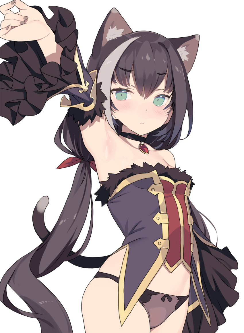 1girl animal_ears armpits bare_shoulders black_choker black_hair black_panties blade_(galaxist) blush cat_ears cat_tail choker closed_mouth detached_sleeves eyebrows_visible_through_hair green_eyes highres karyl_(princess_connect!) long_hair looking_at_viewer low_twintails multicolored_hair panties princess_connect! red_ribbon ribbon simple_background solo streaked_hair tail twintails underwear very_long_hair white_background white_hair