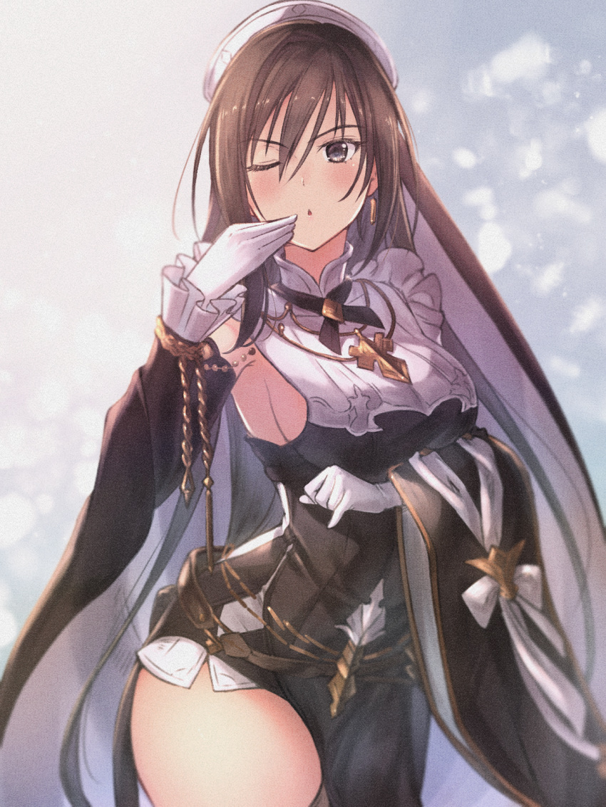 1girl :o alternate_costume animal_ears asymmetrical_clothes asymmetrical_hair bangs blush breasts brown_hair character_request commission cosplay detached_sleeves frilled_sleeves frills galleon_(granblue_fantasy) galleon_(granblue_fantasy)_(cosplay) gloves granblue_fantasy hair_between_eyes highres large_breasts long_hair one_eye_closed pixiv_request sassakntm shining_(series) shining_blade sideboob solo veil very_long_hair white_gloves