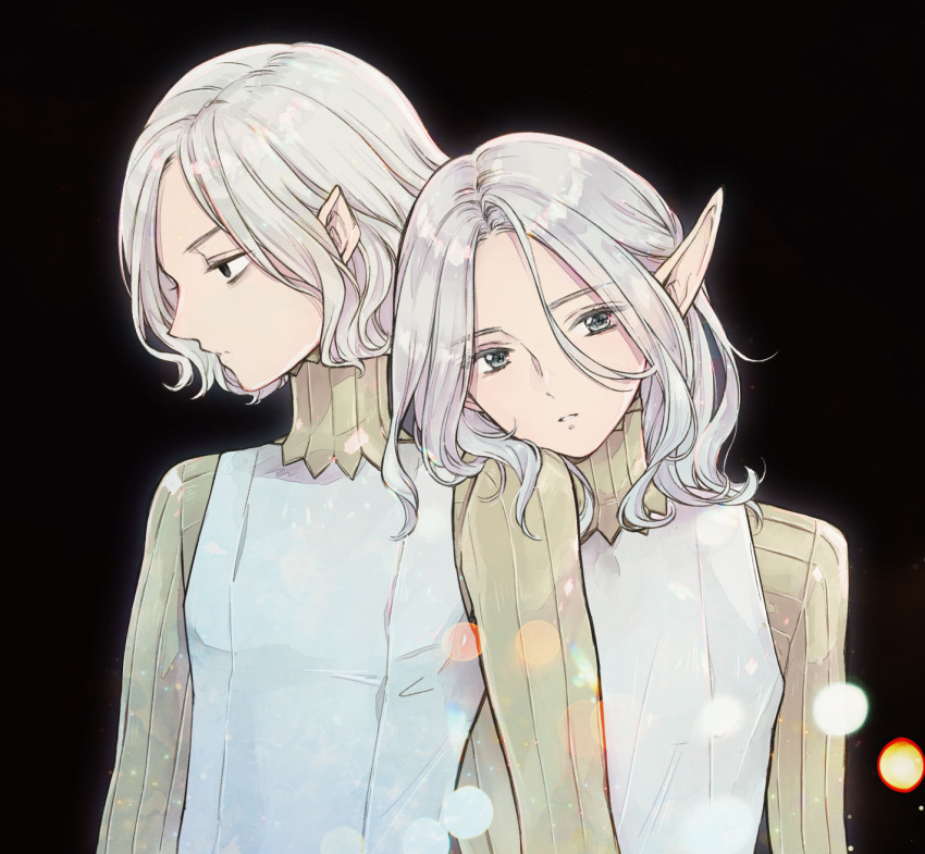 2boys androgynous armor bags_under_eyes black_background blurry bokeh depth_of_field dual_persona dungeon_meshi gorget hair_between_eyes half-closed_eyes head_on_another's_shoulder head_rest highres looking_afar looking_at_viewer looking_away looking_to_the_side male_focus medium_hair mithrun multiple_boys notched_ear pointy_ears profile sami_(3a3i3a3i) short_hair simple_background upper_body