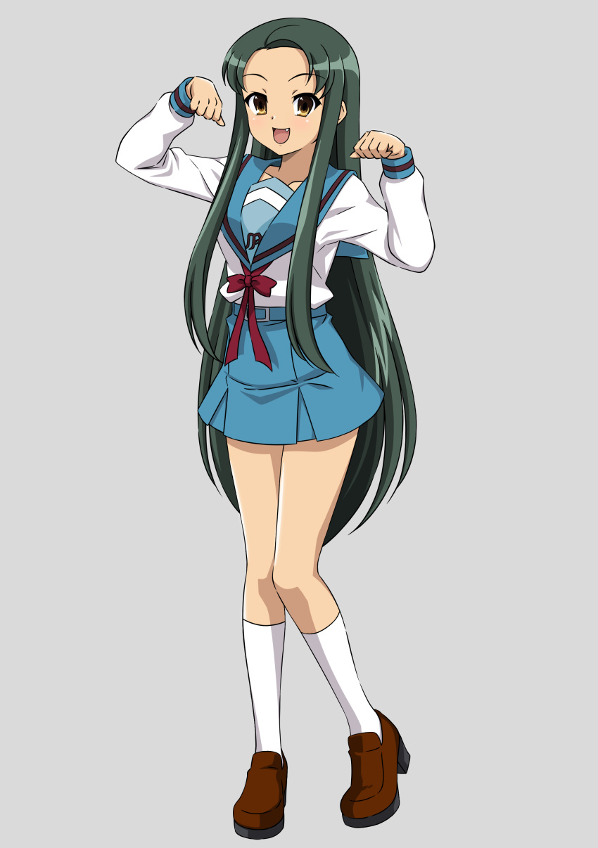 1girl :d absurdres belt blue_sailor_collar blue_skirt brown_footwear commentary_request eyebrows_visible_through_hair fang forehead full_body green_hair grey_background gurobeya highres kita_high_school_uniform kneehighs loafers long_hair long_sleeves looking_at_viewer open_mouth paw_pose sailor_collar school_uniform serafuku shoes simple_background skirt smile solo standing suzumiya_haruhi_no_yuuutsu thighs tsuruya very_long_hair white_legwear