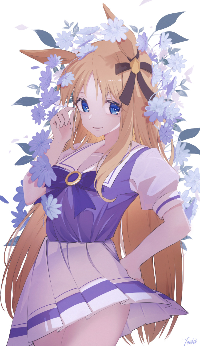 1girl absurdres animal_ears artist_name bangs blonde_hair blue_eyes bow cowboy_shot ear_ornament eyebrows_visible_through_hair eyelashes flower forehead frilled_skirt frills hair_flower hair_ornament hand_on_hip hand_up highres horse_ears horse_girl joehi long_hair looking_at_viewer open_mouth parted_bangs parted_lips puffy_short_sleeves puffy_sleeves purple_bow shadow short_sleeves simple_background skirt solo standing symbol-only_commentary teeth umamusume white_background white_skirt