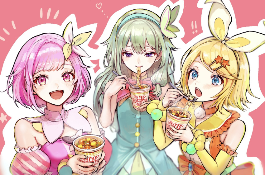! !! 3girls bare_arms bare_shoulders blonde_hair blue_dress blue_eyes blue_hairband bow bowtie choker closed_mouth commentary_request detached_sleeves dress eating food food_in_mouth fork green_hair hair_bow hair_ornament hairband hairclip holding holding_fork kagamine_rin kusanagi_nene long_hair looking_at_viewer multiple_girls noodles ootori_emu orange_choker pink_background pink_bow pink_bowtie pink_eyes pink_hair pipi project_sekai ramen short_hair sleeveless sleeveless_dress smile star_(symbol) star_hair_ornament upper_body violet_eyes vocaloid yellow_bow yellow_sleeves