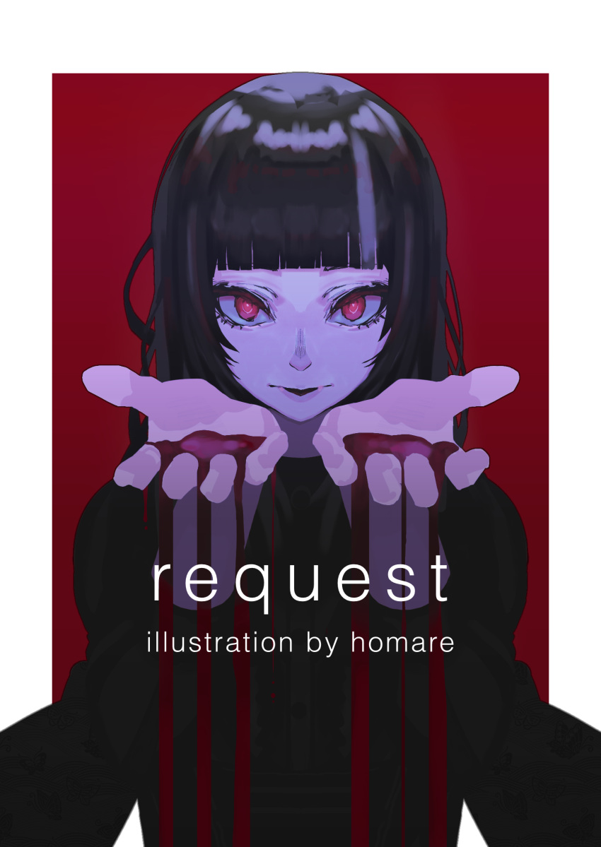 1girl bangs black_hair black_shirt blood blunt_bangs border closed_mouth commentary_request commission highres homare_eramoh long_hair long_sleeves looking_at_viewer original pink_eyes reaching_out red_background shirt simple_background skeb_commission solo upper_body white_border