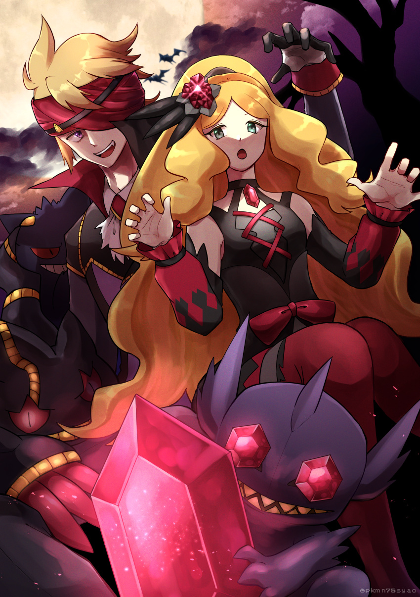 1boy 1girl :o absurdres ascot banette bangs bare_shoulders blonde_hair caitlin_(pokemon) claw_pose commentary_request gem gloves green_eyes hairband hands_up headband highres long_hair looking_at_viewer mega_banette mega_pokemon mega_sableye morty_(pokemon) official_alternate_costume open_mouth pantyhose parted_bangs pokemon pokemon_(game) pokemon_masters_ex red_headband red_legwear sableye sho_ga75 short_hair sidelocks teeth tongue upper_teeth white_ascot