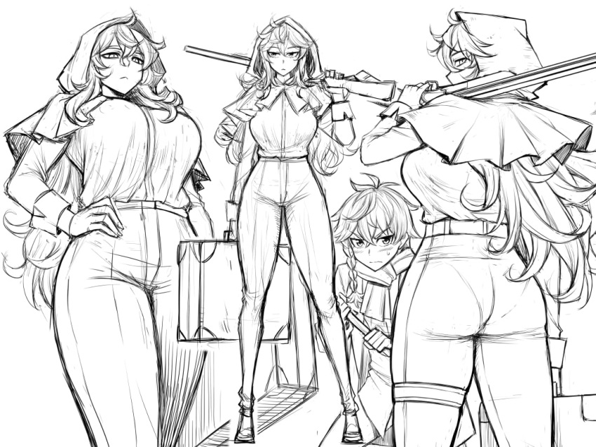 1boy 1girl ass blush braid breasts capelet greyscale grimm_(red_hood) gun hand_on_hip height_difference hood hooded_capelet large_breasts long_hair monochrome peach_(momozen) red_hood_(kawaguchi) rifle side_braid sketch suitcase sweatdrop weapon